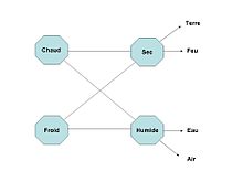 Les quatre éléments de la théorie classique d'Aristote et les quatre qualités qui les constituent.