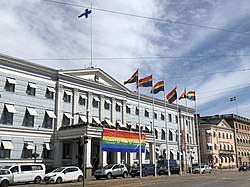 City Hall during Helsinki Pride in 2018.