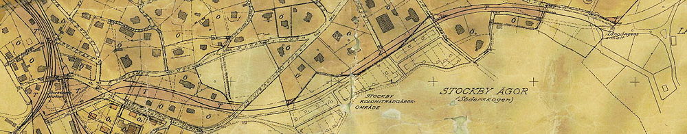 Långängsbanans sträckning och trafikreservat (T) på del av stadsplan för Stocksunds köping, 1933. Lägg märke till att trafikreservatet fortsätter efter "Långängens anhalt". Djursholmsvägen heter numera Stockholmsvägen.