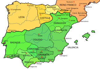 La Península ibérica en 1037. Con la aparición de los reinos de Castilla y Aragón que irán rompiendo la vinculación con el de Pamplona.