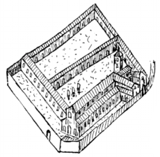 Dessin en noir et blanc représentant un pâté de bâtiments dont une église.