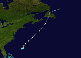 The path of a hurricane, it starts about half between Bermuda and the Bahamas, races toward Newfoundland and quickly becomes extratropical