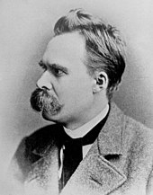 A black and white photograph of Friedrich Nietzsche