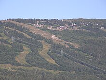 Foto von Hotelanlagen und Schneisen in einem an einem Hang gelegenen Waldgebiet