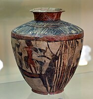 Polychrome painted jar, geometric designs and animals, the so-called "Scarlet Ware". From Tell Abu Qasim at Hamrin Basin. 2800-2600 BCE. Iraq Museum