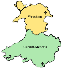 The Archdiocese of Cardiff-Menevia, shown in green, within the Province of Cardiff.