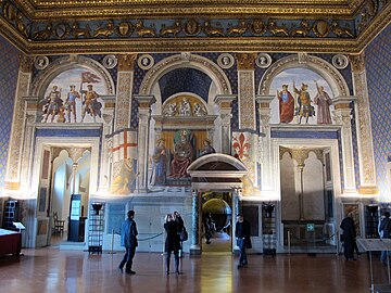 Renaissance guillochés on some pilasters, part of the Sala dei Gigli frescos, Palazzo Vecchio, Florence, Italy, by Domenico Ghirlandaio, 1482-1484