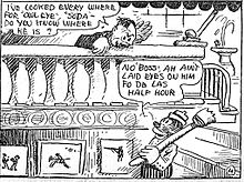 A comic strip panel. At the top, a middle-aged caucasian male, leaning over the railing to a staircase, says to an African-American male, "I've looked everywhere for 'Owl-Eye', 'Soda'—do you know where he is?" The African-American, carrying a broom over his shoulder and descending the staircase, replies, "No, Boss, Ah ain't laid eyes on him fo the lass half hour".