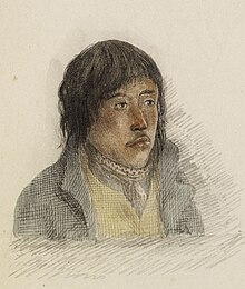 A drawing of Tattannoeuck in western clothing, facing right