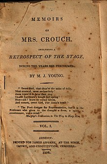 Title page of Mary Julia Young's Memoirs of Mrs. Crouch. Vol. I. London, 1806.