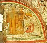 Fresque des catacombes de Domitilla représentant la défunte Veneranda conduite au ciel par Pétronille.