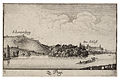 Vue sur le château de Prague (sur la droite) et la colline de Petřín avec le mur de la Faim, par Václav Hollar, au 17e siècle