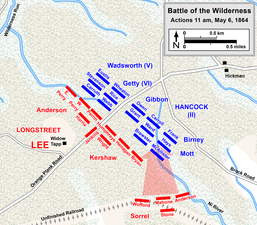 11 a.m., May 6. Longstreet attacks Hancock's flank from the railroad bed