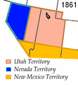 Image 25The Nevada 1861 territory boundary (blue) changed three times: 1864 statehood shifted eastern border from 39th to 38th meridian, 1866 May 5; east border (pink) moved eastward 53.3 mi (85.8 km), from the 38th to 37th meridian, and 1867 January 18; south boundary (yellow) moved from the 37th parallel north southward to the current boundary (14 Stat. 43) (from History of Nevada)