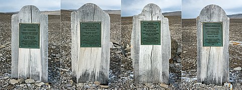 (L–R) Three grave stones commemorate John Torrington, William Braine and John Hartnell of the Franklin Expedition. A fourth headstone marks the grave of a sailor named Thomas Morgan who came later in a Franklin search expedition and died at the camp.