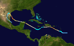 Colored dots superimposed on white line passing over green land masses and blue water bodies