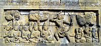 Low to mid-relief, 9th century, Borobudur. The temple has 1,460 panels of reliefs narrating Buddhist scriptures.