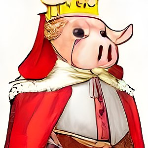 A pig wearing a crown and royal robes.