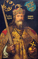 Charlemagne wearing the Imperial Crown of the Holy Roman Empire, by Albrecht Dürer, c. 1512. The crown was made a century and a half after Charlemagne's death.