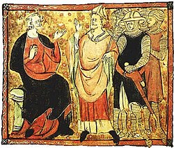 Manuscript illustration. The central man is wearing robes of blood and a mitre and is facing the seated figure on the left. The seated man is wearing a crown and robes and is gesturing at the mitred man. Behind the mitred figure are a number of standing men wearing armor and carrying weapons.