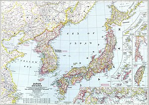 1945년 내셔널 지오그래픽 일본의 지명과 지방 경계를 보여주는 한국 지도