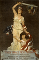 Columbia depicted in an American Committee for Relief in the Near East poster defending an Armenian woman beneath her flag.