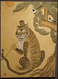 Tiger smoking a bamboo pipe, Korean folk painting from Joseon period