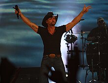 American country musician Tim McGraw performing, wearing a cowboy hat