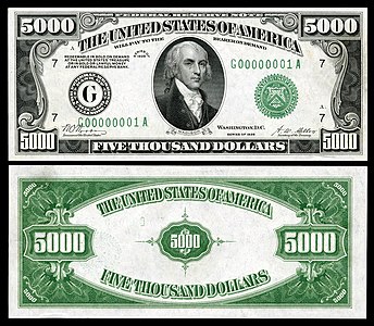 Five-thousand-dollar Federal Reserve Note from the series of 1928 at Large denominations of United States currency, by the Bureau of Engraving and Printing