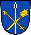 Gemeinde Gammelsdorf In Blau eine aus dem unteren Schildrand wachsende, senkrechte silberne Lanze, unten belegt mit einem goldenen Armbrustbolzen und goldenem Morgenstern.