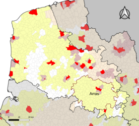 Localisation de l'aire d'attraction d'Arras dans le département du Pas-de-Calais.