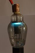 Westinghouse 866A mercury vapor half-wave rectifier tube. Glowing with 5mA