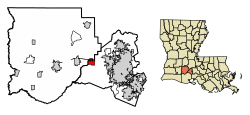 Location of Duson in Acadia and Lafayette Parishes, Louisiana.