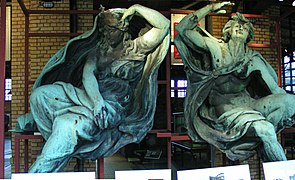 Anhalter Bahnhof 2003. The original Day and Night sculptures from the façade.