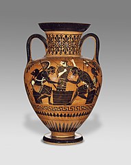 Achilles and Ajax playing a board game overseen by Athena, Attic black-figure neck amphora, c. 510 BCE
