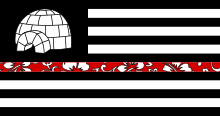 Black and white version of the American flag, with the stars replaced by an image of an igloo and the eight stripe replaced with a red tropical print stripe.