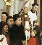 A bishop administering Confirmation. Rogier van der Weyden, The Seven Sacraments (detail), c. 1445.