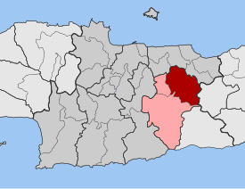 Localização da unidade municipal de Castéli (vermelho) no município de Minoa Pediada (rosa) e na unidade regional de Heraclião