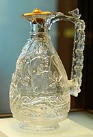 Fatimid ewer in carved rock crystal (clear quartz) with gold lid, c. 1000