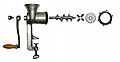 Disassembled hand-powered grinder, including crank handle, body with funnel and clamp, auger, pinwheel-shaped internal knife, and perforated plate.