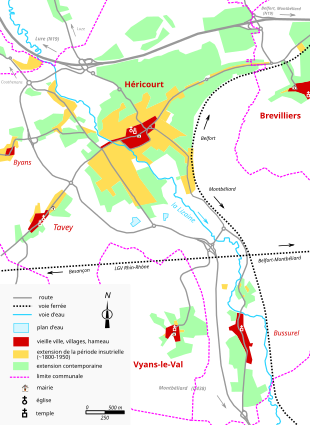 Vue d'une carte en couleur représentant les étapes de développement du bâti d'une ville.