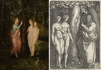 H. Henri Bles, Paradis (détail) et Heinrich Aldegrever, Dieu réprimandant Adam et Ève, 1540, chalcographie.[16]