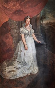 Empress Maria Leopoldina of Brazil wearing a white gown and a white pearls necklace, by Luís Schlappriz