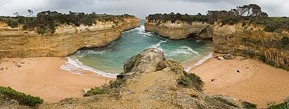 The cliffs looking down towards Loch Ard Gorge and the beach. Victoria, Australia.