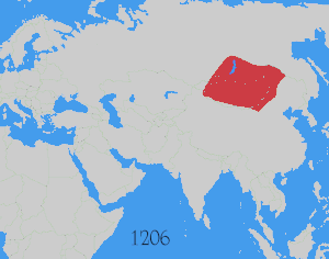 An animated map showing the expansion of the Mongol Empire. The first slide, the year 1206, shows the Mongol controlled area as being about twice the size of modern-day Mongolia, located in modern-day Mongolia and to its north, in modern-day south-central Russia. Over the years it expands, most rapidly towards the west until 1227, then to the west and the south. By 1279 all of the territory in the modern People's Republic of China is under Yuan control, and has reached as far west as present day Germany. By 1294, the empire has split into four parts, with the area encompassing the modern day People's Republic, as well as modern-day Mongolia and some parts of southern Russia, under the control of the Yuan dynasty.