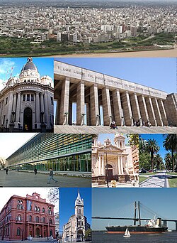 بالا از چپ: the National Flag Memorial's tower and propylaeum, aerial view of the city, Rosario-Victoria Bridge and the Palacio de los Leones