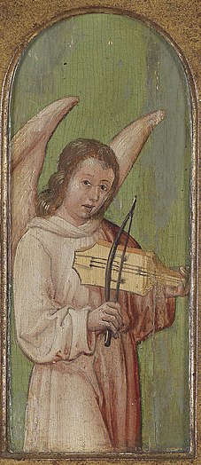 Painting of a winged figure in a niche playing a musical instrument