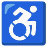 Emoji of the Accessible Icon, depicting a white line figure of a person leaning forward, arm raised to propel a wheelchair on blue background