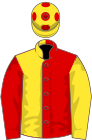 Red and yellow (halved), sleeves reversed, yellow cap, red spots