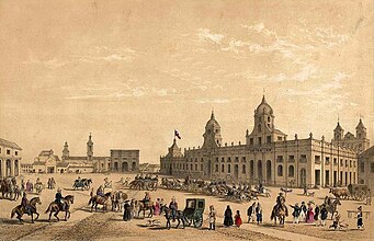 Colonial Plaza de Armas de Santiago in 1854 by Claude Gay.[16] In the foreground you can see the still intact Palace of the Real Audiencia of Chile, and in the background the unfinished Cathedral, both built by the Italian Joaquin Toesca.